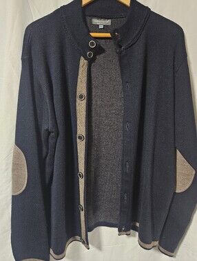 Lorenzo Magni Navy Cardigan with Tan Trim and Elbow Patches